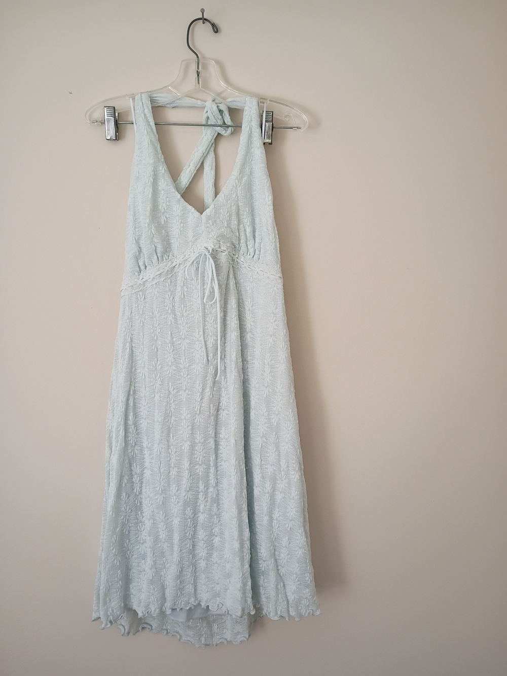 Light Blue Backless Halter Midi Dress with Tie Waist